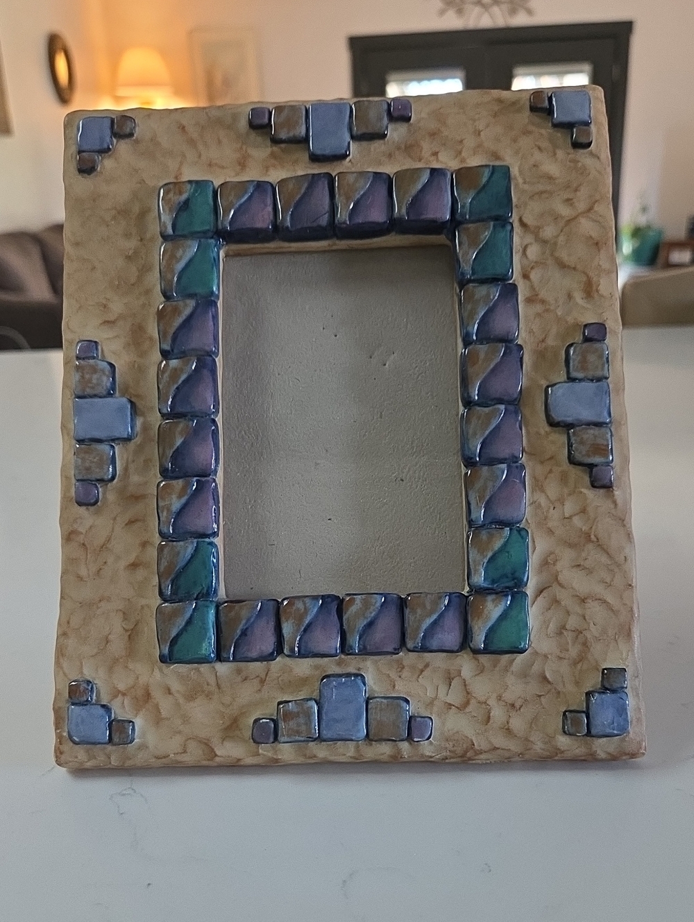 Southwest Inspired Picture Frame with Cream Base and Blue & Green Mosaic Accents